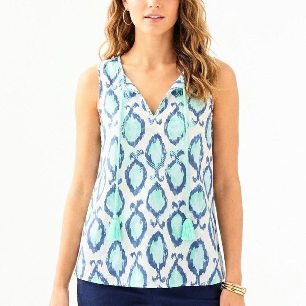 LILLY PULITZER Tank Top With Tassels White/Blue Lauren "Hook You In" Women Small